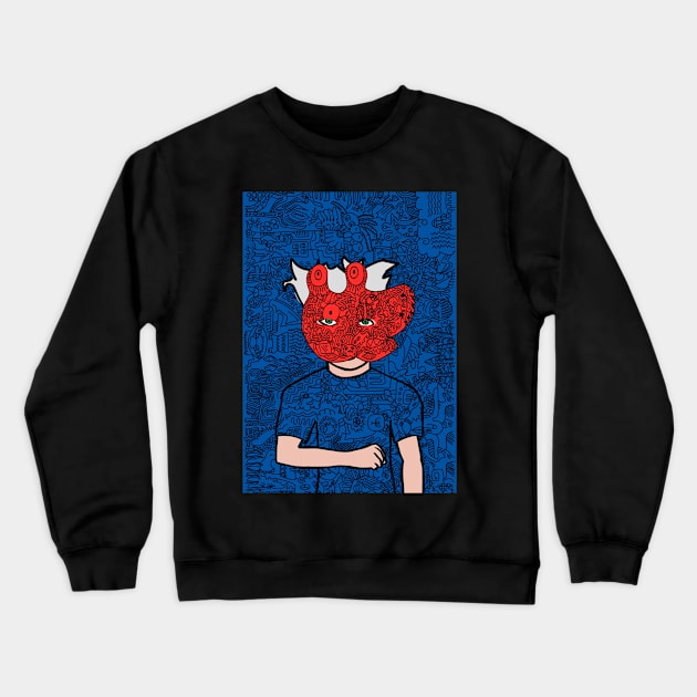 Light Doodle Male Character with Green Eyes in Doodle Wonderland Crewneck Sweatshirt by Hashed Art